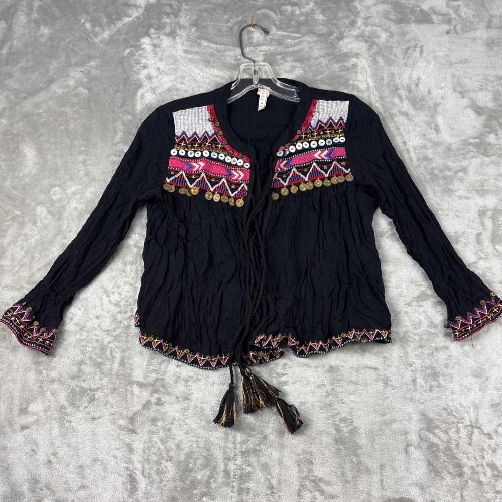 Raga Black Embroidered Boho Coin Tassel Tie Front Blouse Medium R2552